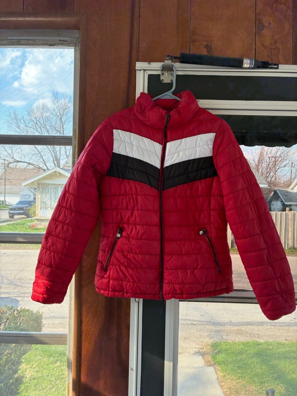 Kids Red Quilted Puffer Jacket with Contrast Chevron